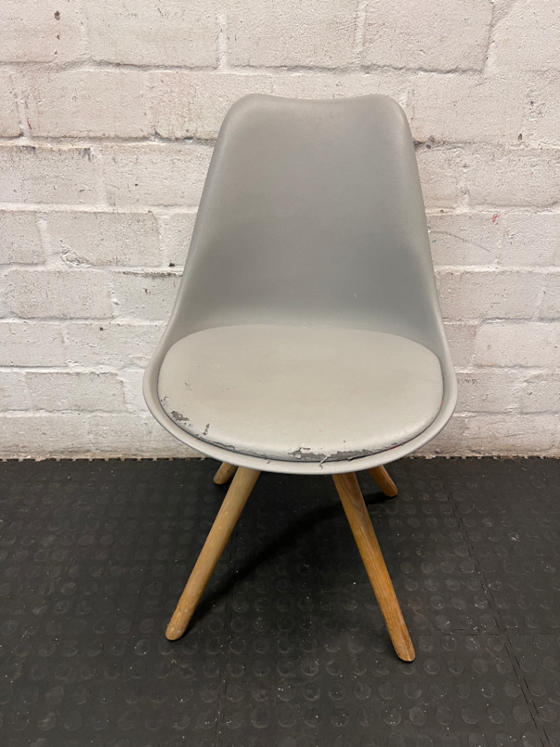 Grey Moulded Chair with Wooden Legs - Wear on Seat Cushion - 2ndhandwarehouse.com