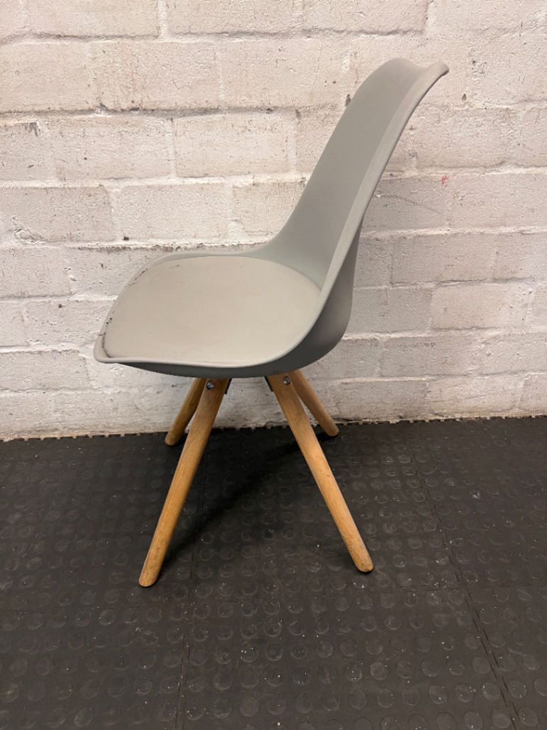 Grey Moulded Chair with Wooden Legs - Wear on Seat Cushion - 2ndhandwarehouse.com