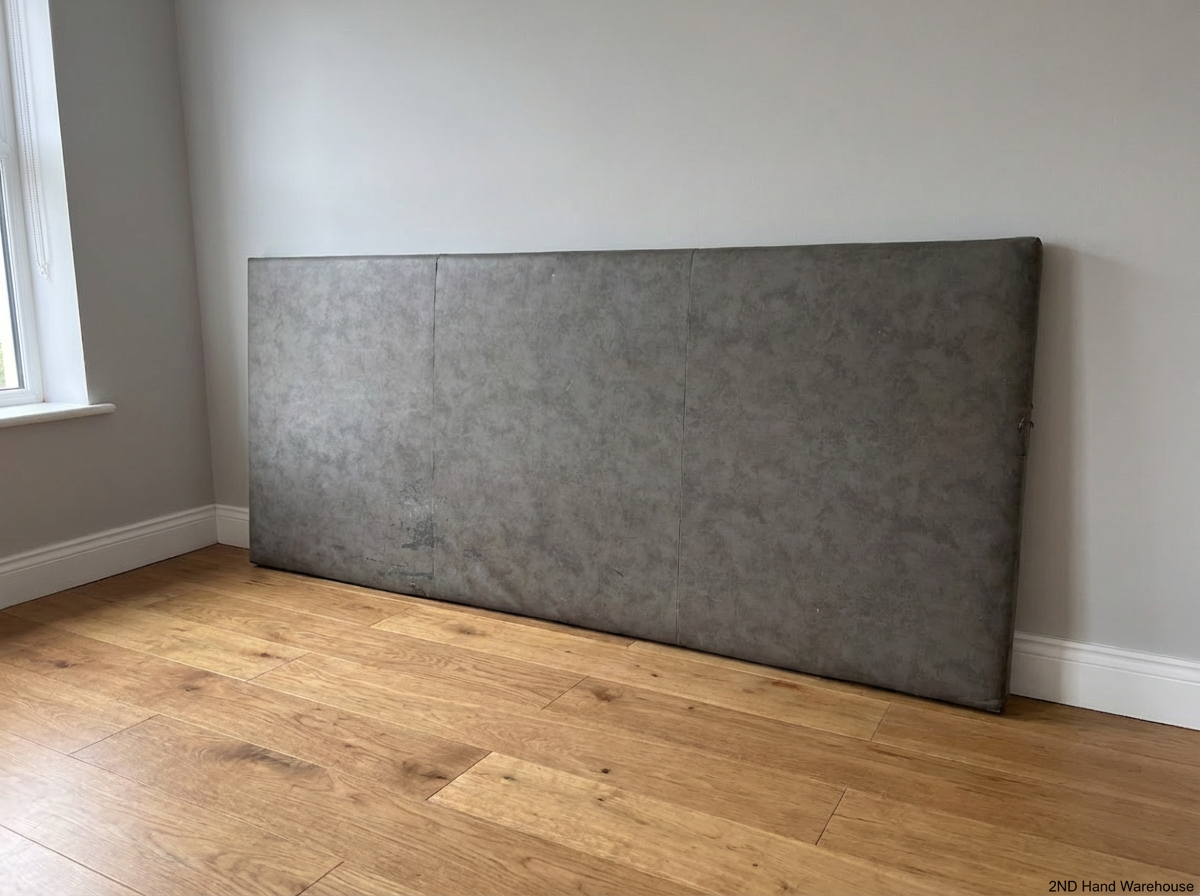 Grey Padded King Size Headboard - Notable Fabric Staining and Wear - 2ndhandwarehouse.com