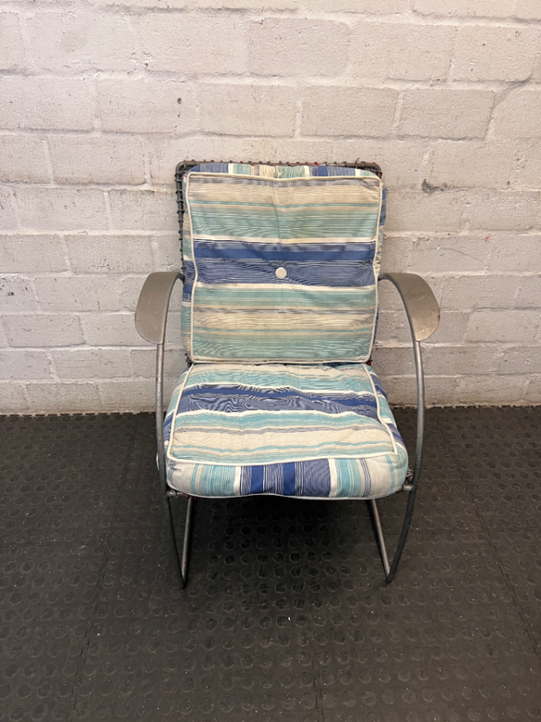 Grey Sprayed Metal Outdoor Chair with Striped Cushion — Fair Condition