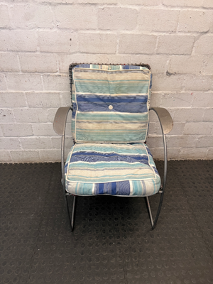 Grey Sprayed Metal Outdoor Chair with Striped Cushion — Fair Condition