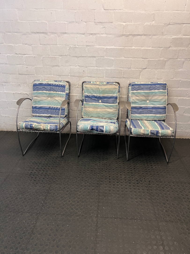 Grey Sprayed Metal Outdoor Chair with Striped Cushion — Fair Condition