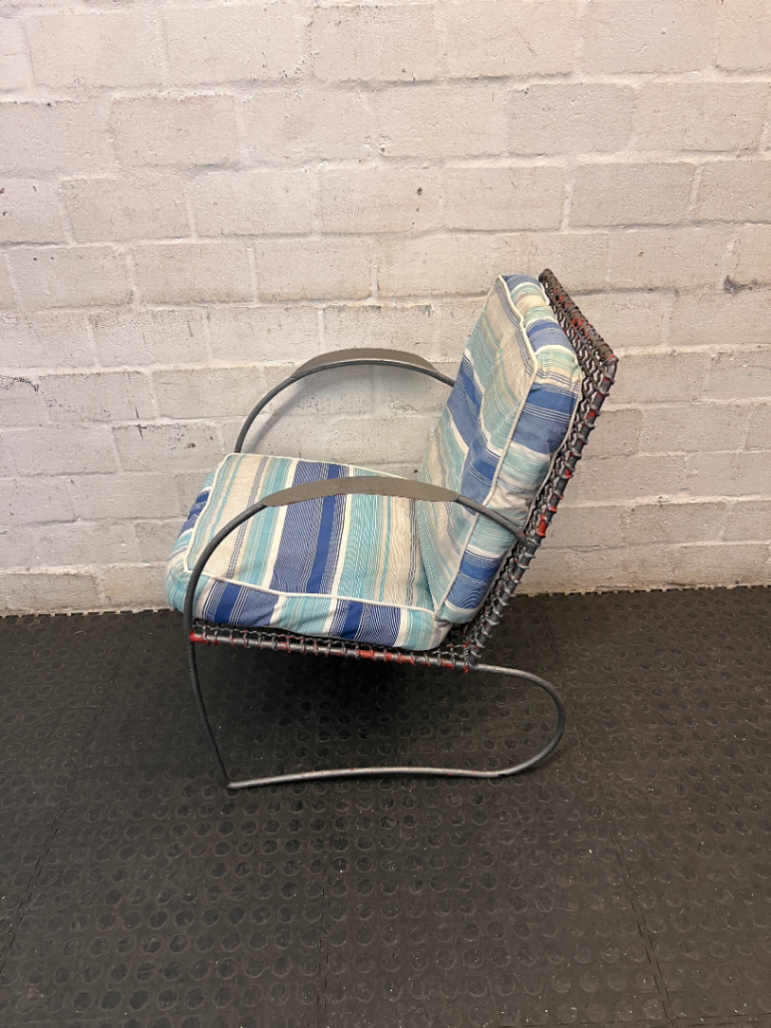 Grey Sprayed Metal Outdoor Chair with Striped Cushion — Fair Condition