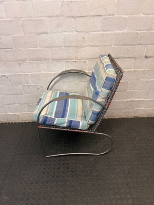 Grey Sprayed Metal Outdoor Chair with Striped Cushion — Fair Condition