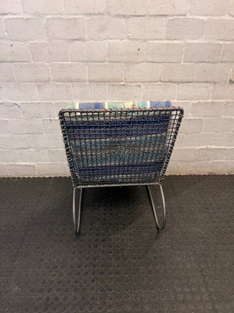Grey Sprayed Metal Outdoor Chair with Striped Cushion — Fair Condition