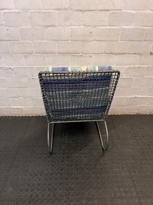Grey Sprayed Metal Outdoor Chair with Striped Cushion — Fair Condition