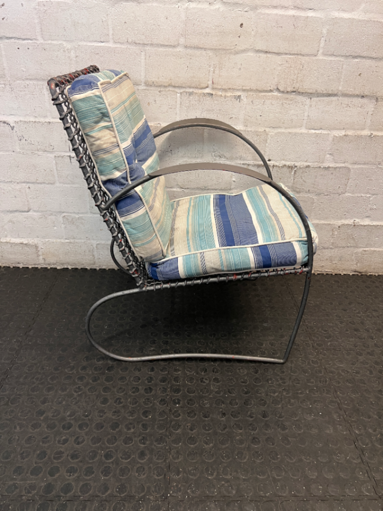Grey Sprayed Metal Outdoor Chair with Striped Cushion — Fair Condition