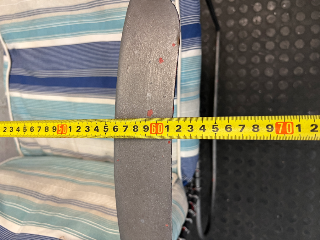 Grey Sprayed Metal Outdoor Chair with Striped Cushion — Fair Condition