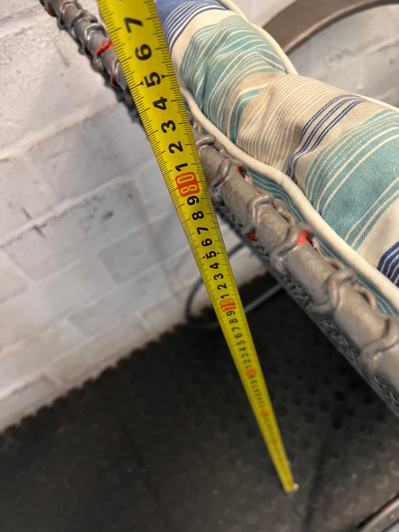 Grey Sprayed Metal Outdoor Chair with Striped Cushion — Fair Condition