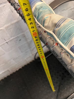 Grey Sprayed Metal Outdoor Chair with Striped Cushion — Fair Condition