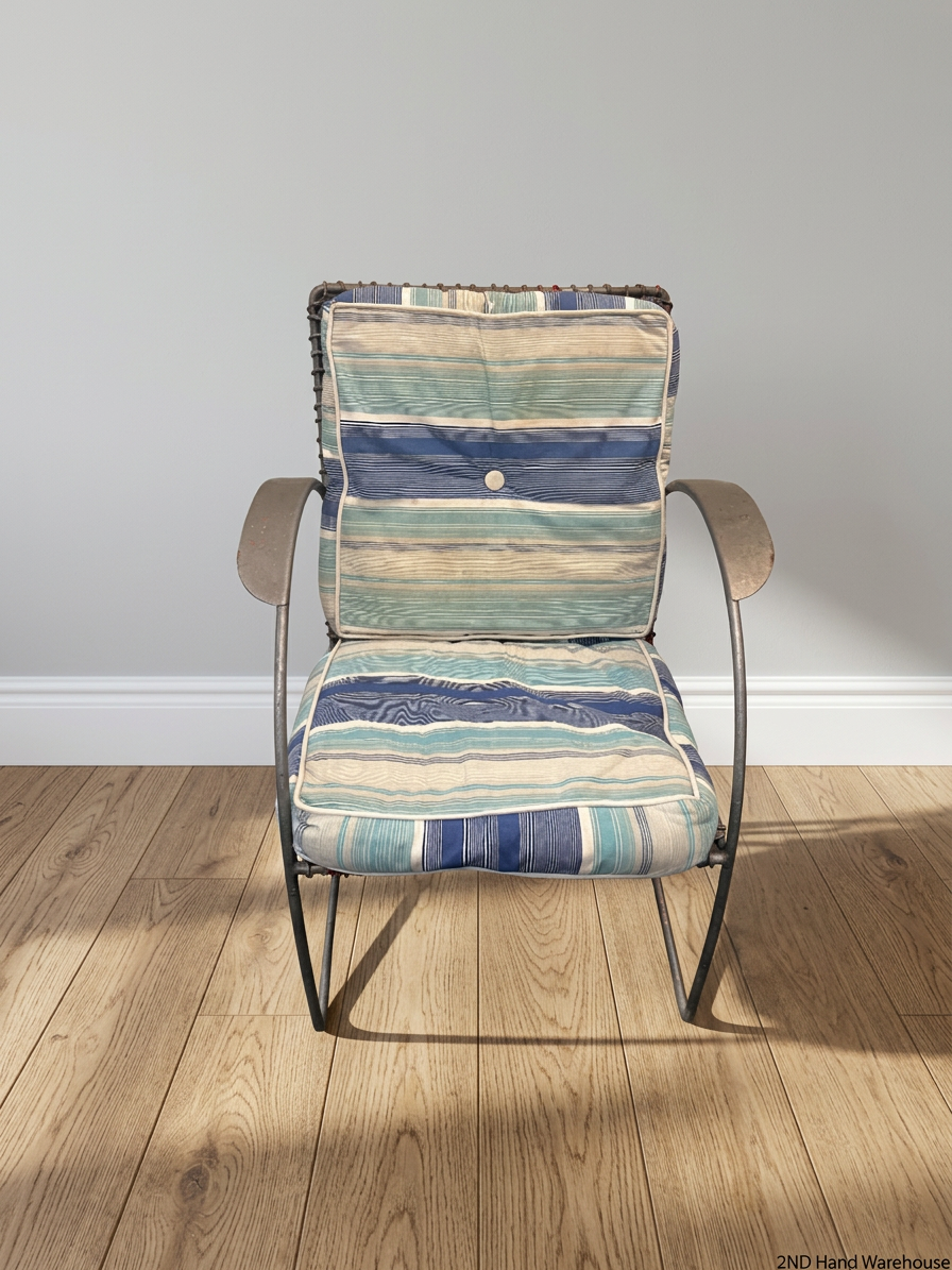 Grey Sprayed Metal Outdoor Chair with Striped Cushion — Fair Condition