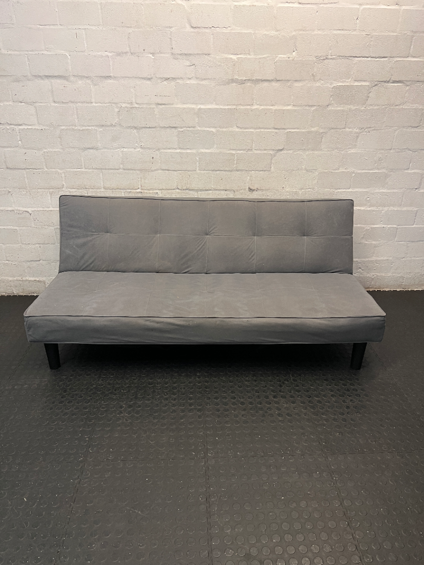 Grey Tufted Sleeper Couch — Significant Wear with Functional Hinge