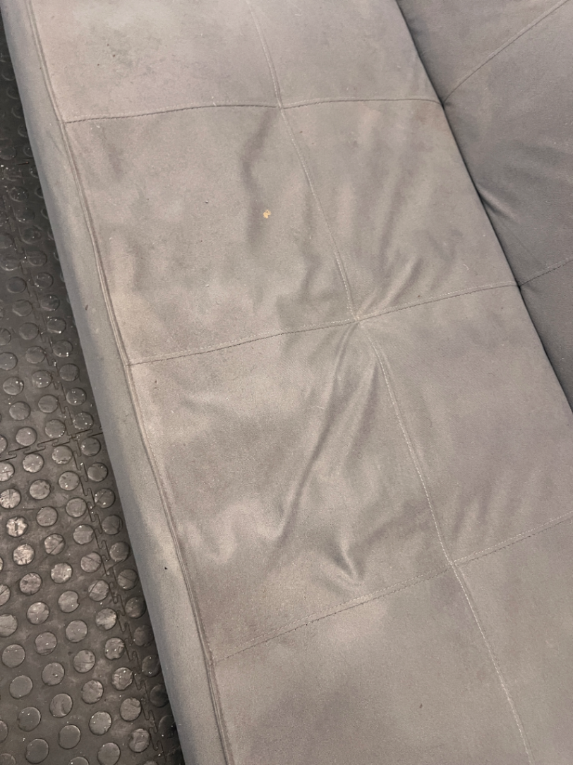 Grey Tufted Sleeper Couch — Significant Wear with Functional Hinge