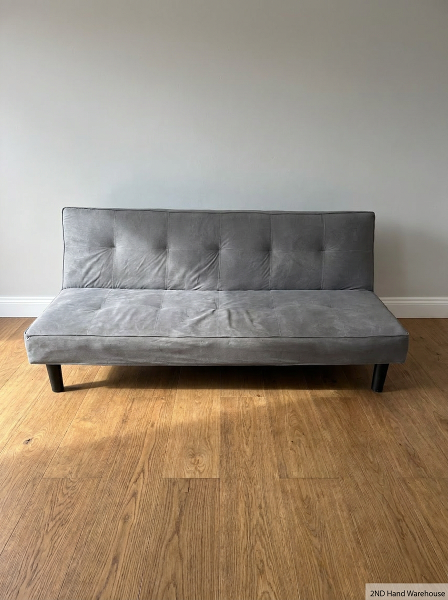 Grey Tufted Sleeper Couch — Significant Wear with Functional Hinge