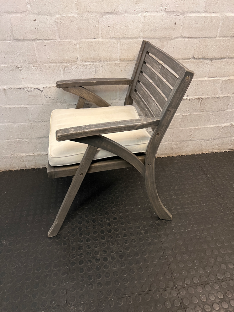 Grey-Wash Wooden Outdoor Dining Chair with Cushion — Weathered Frame with Signs of Wear - 2ndhandwarehouse.com