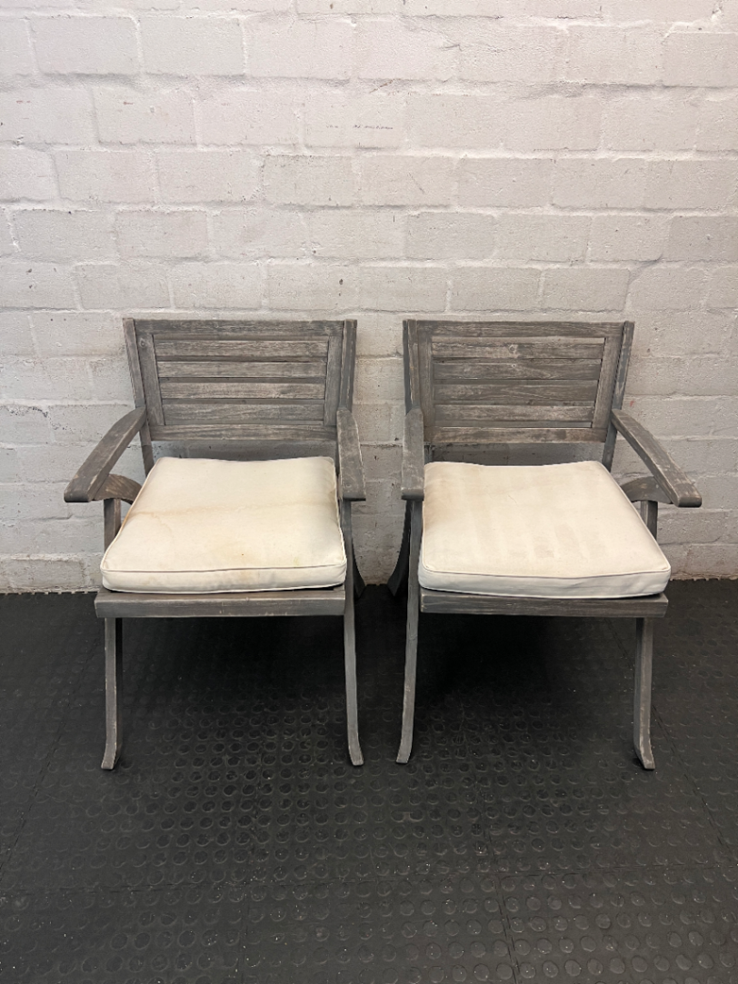 Grey-Wash Wooden Outdoor Dining Chair with Cushion — Weathered Frame with Signs of Wear - 2ndhandwarehouse.com