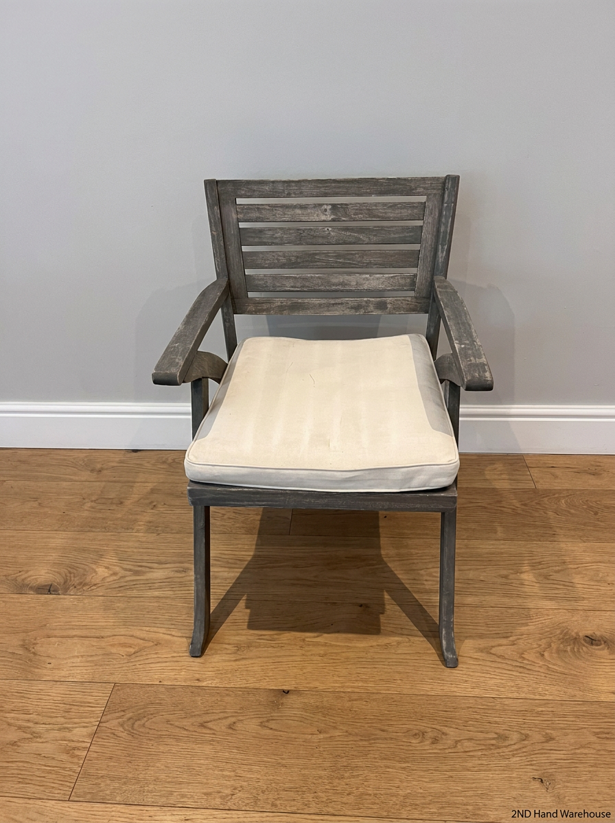 Grey-Wash Wooden Outdoor Dining Chair with Cushion — Weathered Frame with Signs of Wear - 2ndhandwarehouse.com