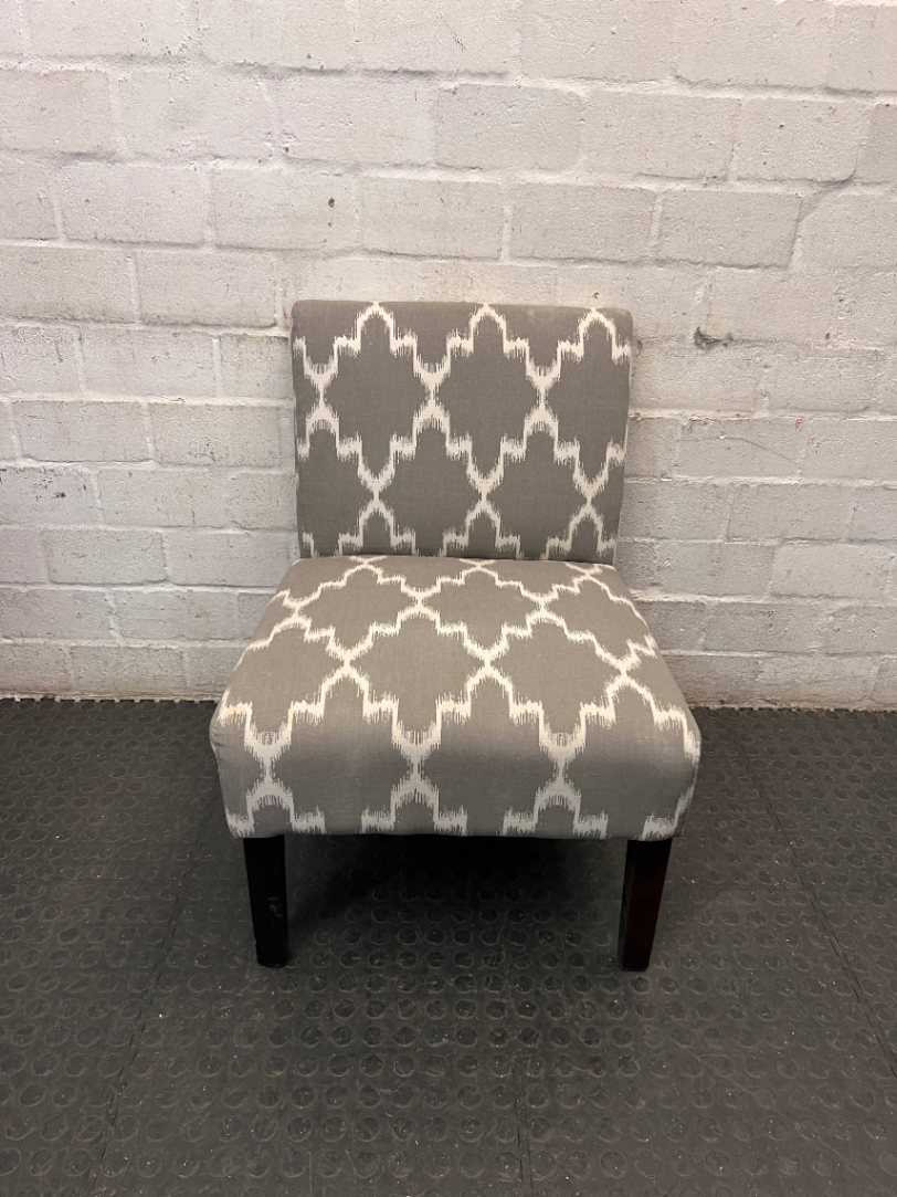 Grey and Ivory Patterned Armless Slipper Chair — Fair Condition with Leg Scuffs