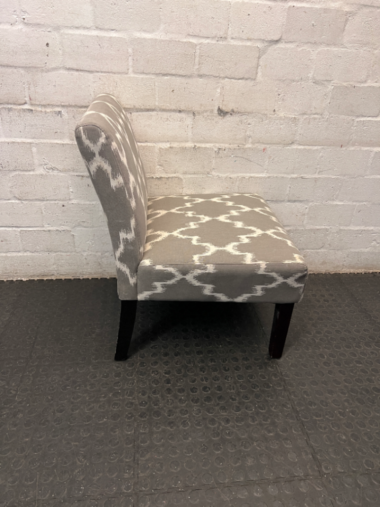 Grey and Ivory Patterned Armless Slipper Chair — Fair Condition with Leg Scuffs