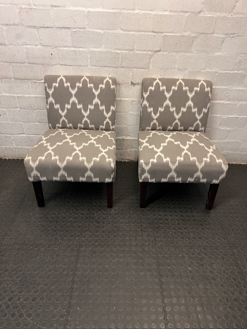 Grey and Ivory Patterned Armless Slipper Chair — Fair Condition with Leg Scuffs
