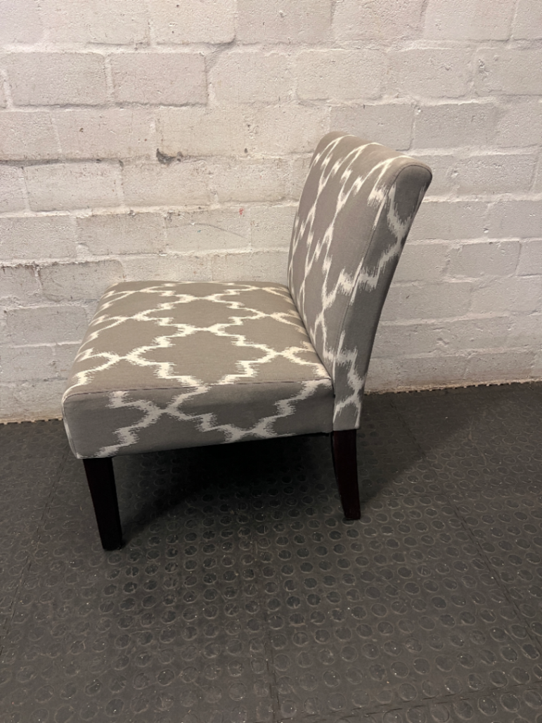 Grey and Ivory Patterned Armless Slipper Chair — Fair Condition with Leg Scuffs