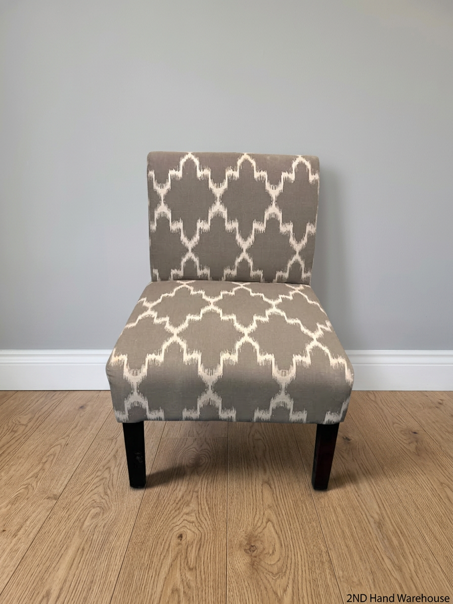 Grey and Ivory Patterned Armless Slipper Chair — Fair Condition with Leg Scuffs