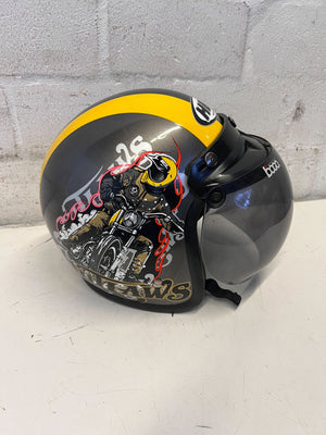 HBC Bogo Open-Face Helmet – Matte Black with Yellow Racing Stripes