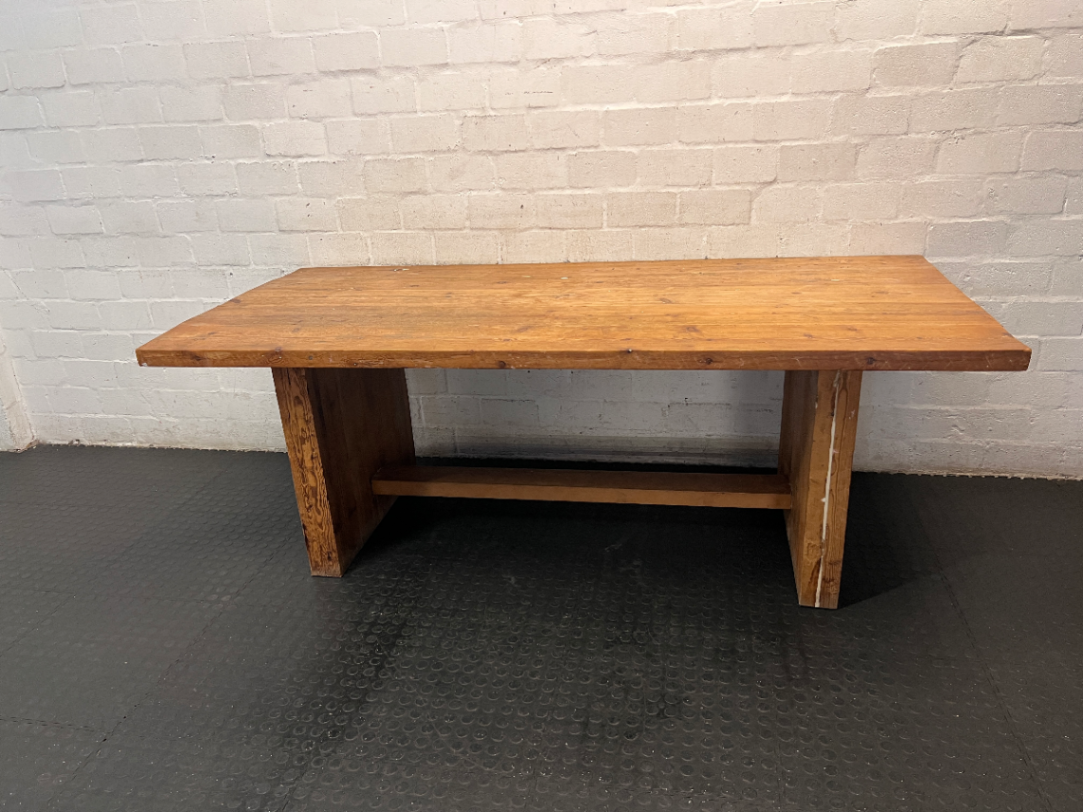 Hardwood Sealed Dining Table with Pedestal Legs — Used Good Condition - No Repairs Required - 2ndhandwarehouse.com