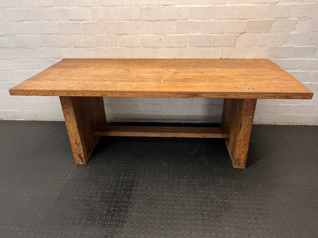 Hardwood Sealed Dining Table with Pedestal Legs — Used Good Condition - No Repairs Required - 2ndhandwarehouse.com