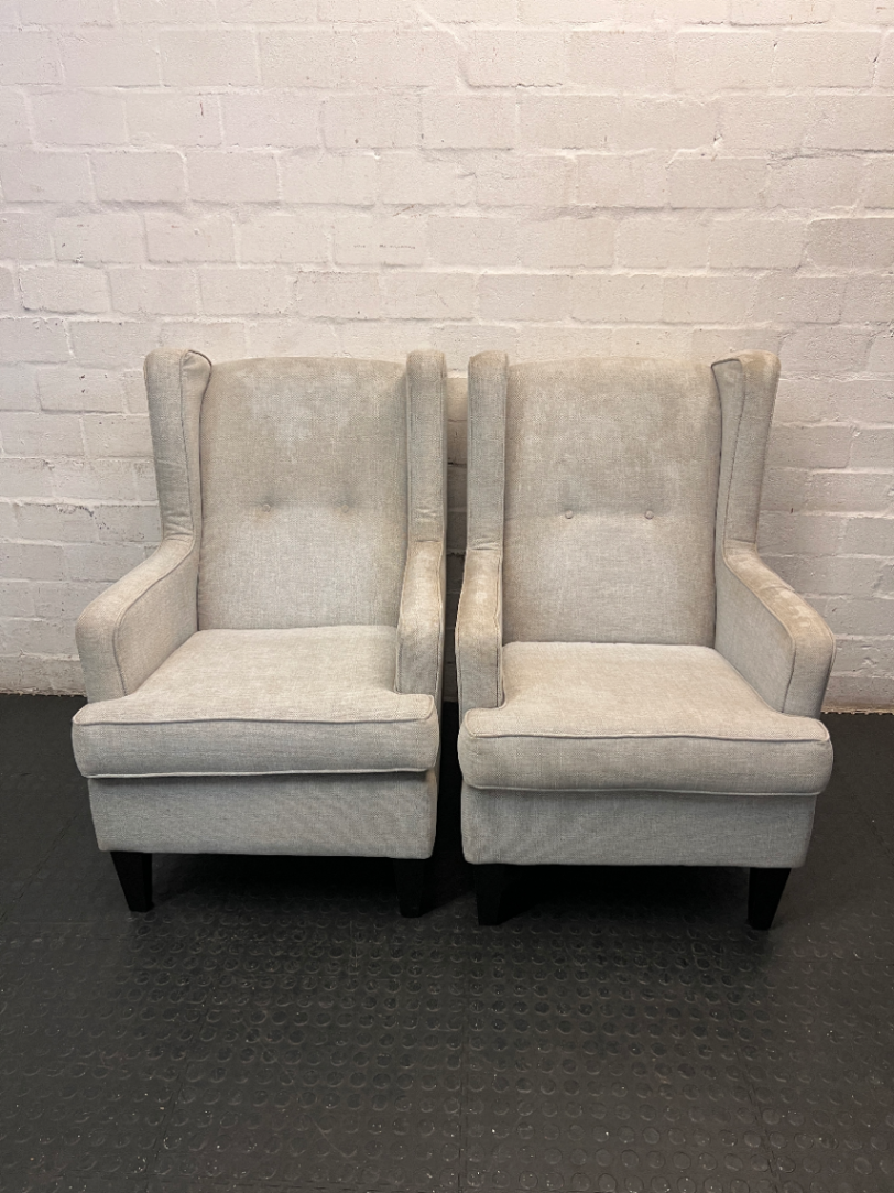 High Back Upholstered Wingchair in Light Grey — Good Working Order