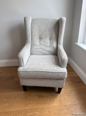 High Back Upholstered Wingchair in Light Grey — Good Working Order