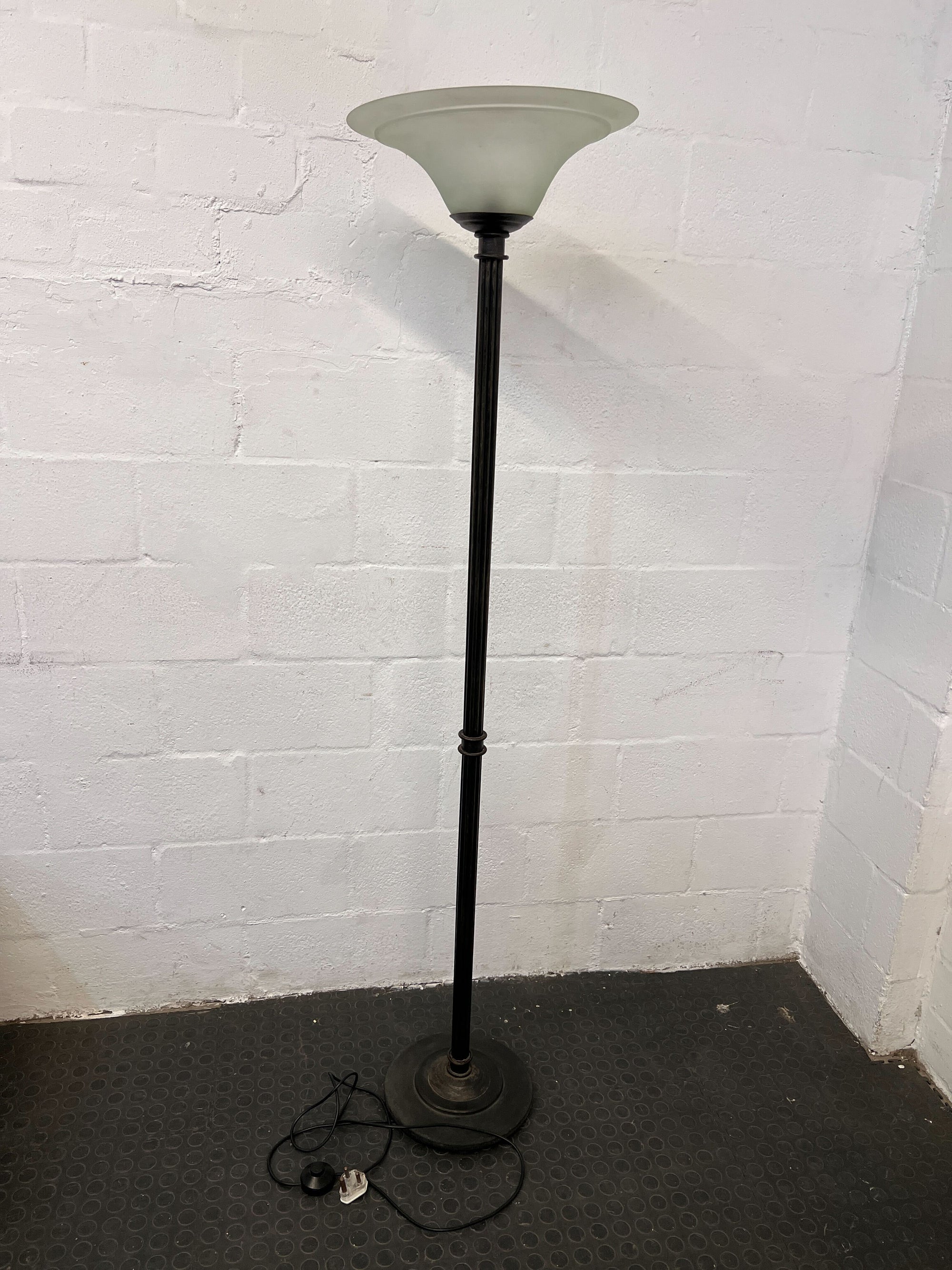 Elegant Black Metal Floor Lamp with Frosted Glass Shade - Shade is cracked