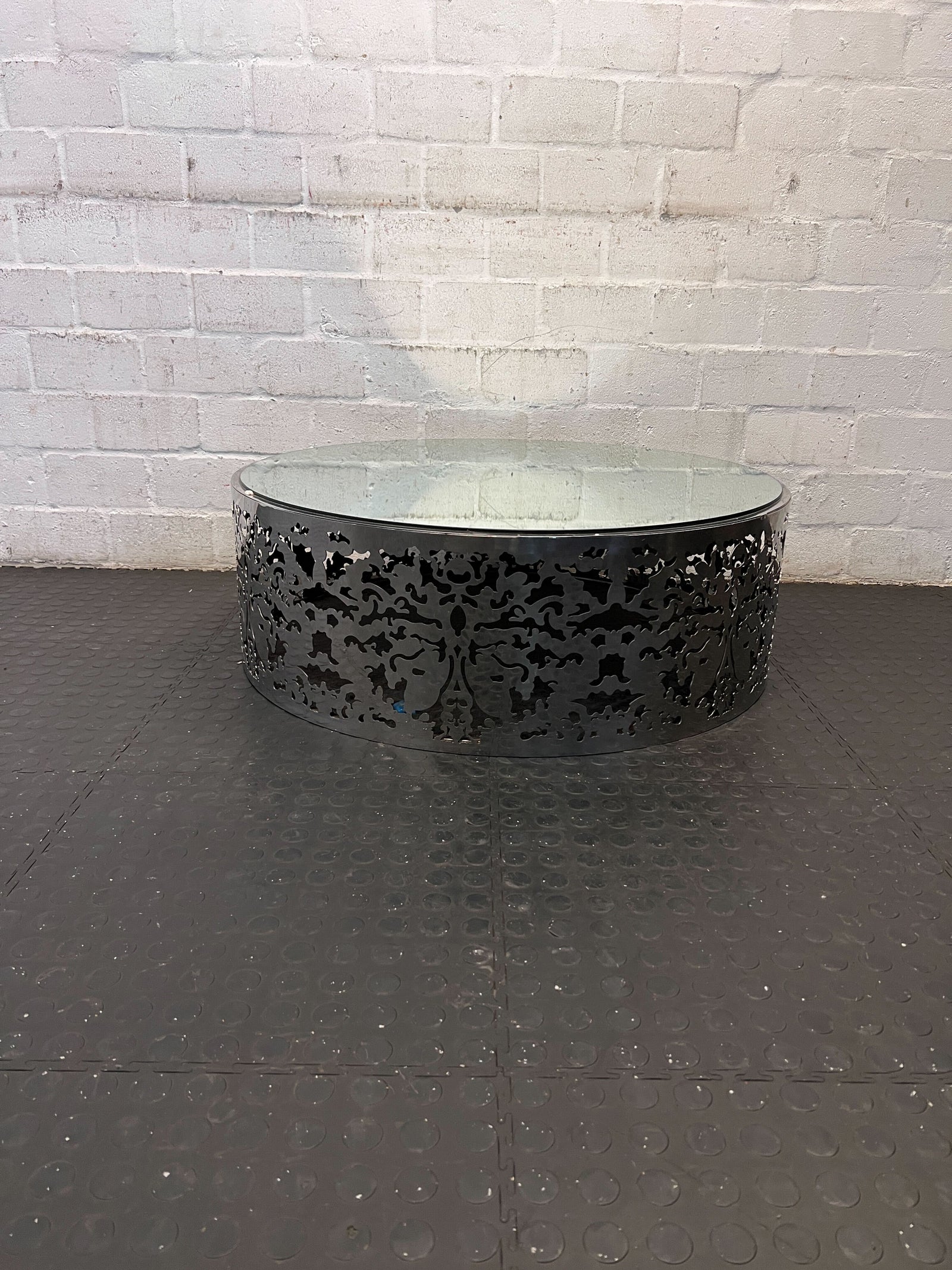 Stylish Black Laser-Cut Coffee Table with Glass Top