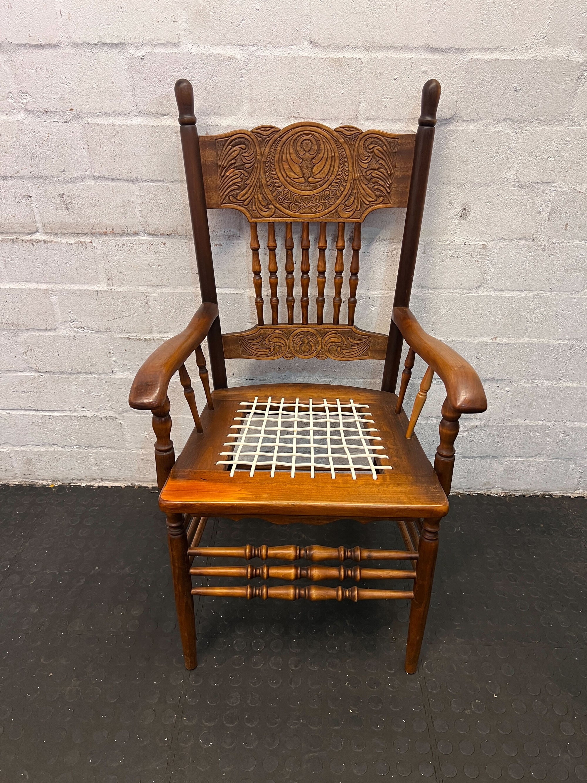 Vintage Handcrafted Wooden Chair with Intricate Carving & Woven Seat