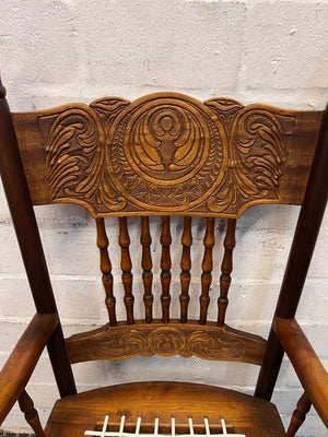 Vintage Handcrafted Wooden Chair with Intricate Carving & Woven Seat