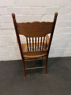 Vintage Handcrafted Wooden Chair with Intricate Carving & Woven Seat