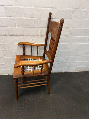 Vintage Handcrafted Wooden Chair with Intricate Carving & Woven Seat