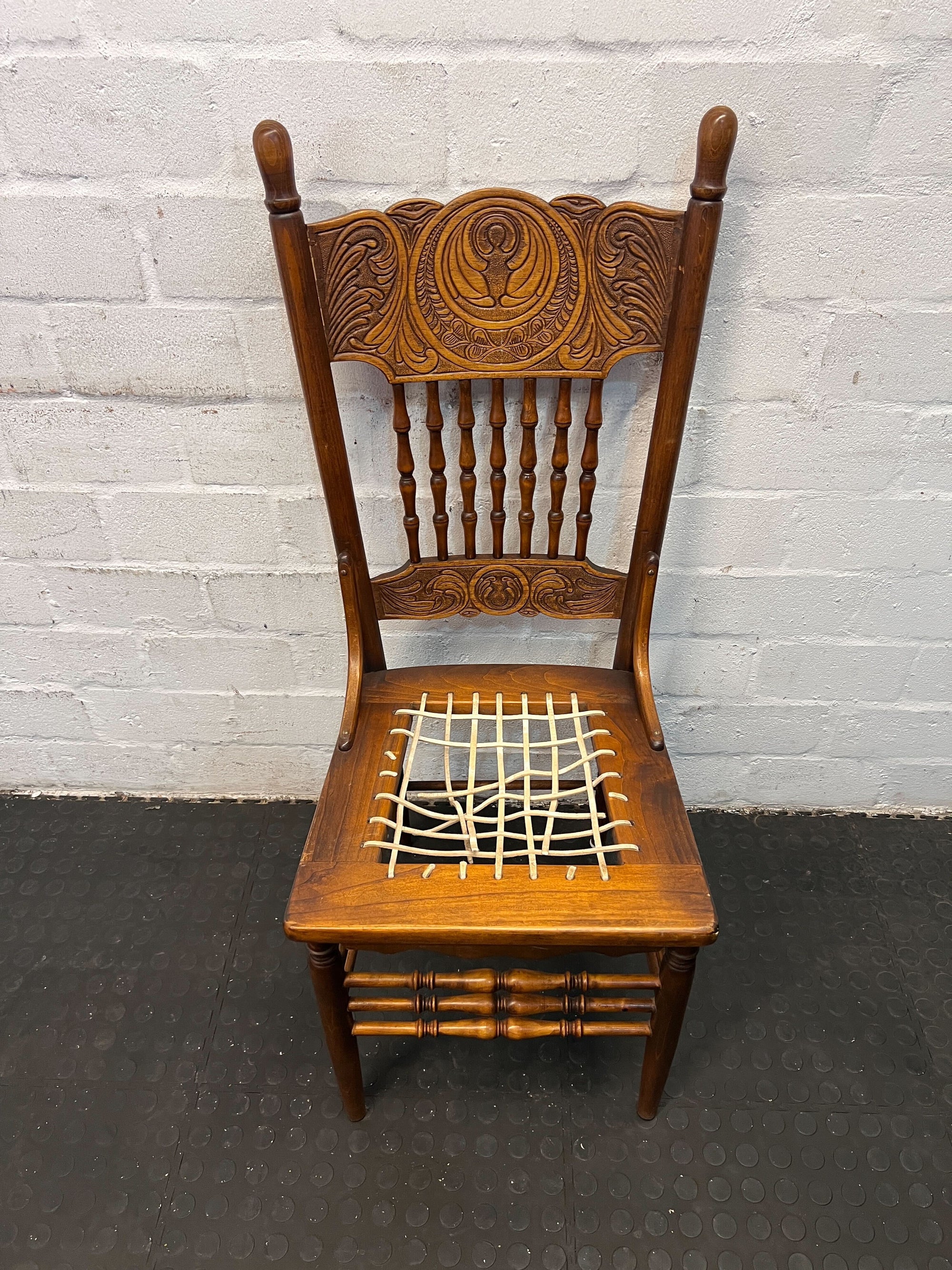 Vintage Carved Wooden Chair with Woven Seat - Character Piece