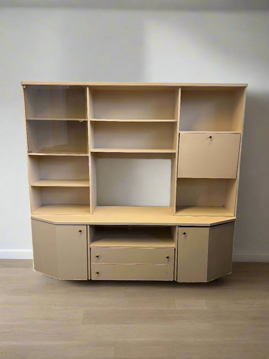 Sleek Beige Wooden Entertainment Unit with Glass Doors & Storage