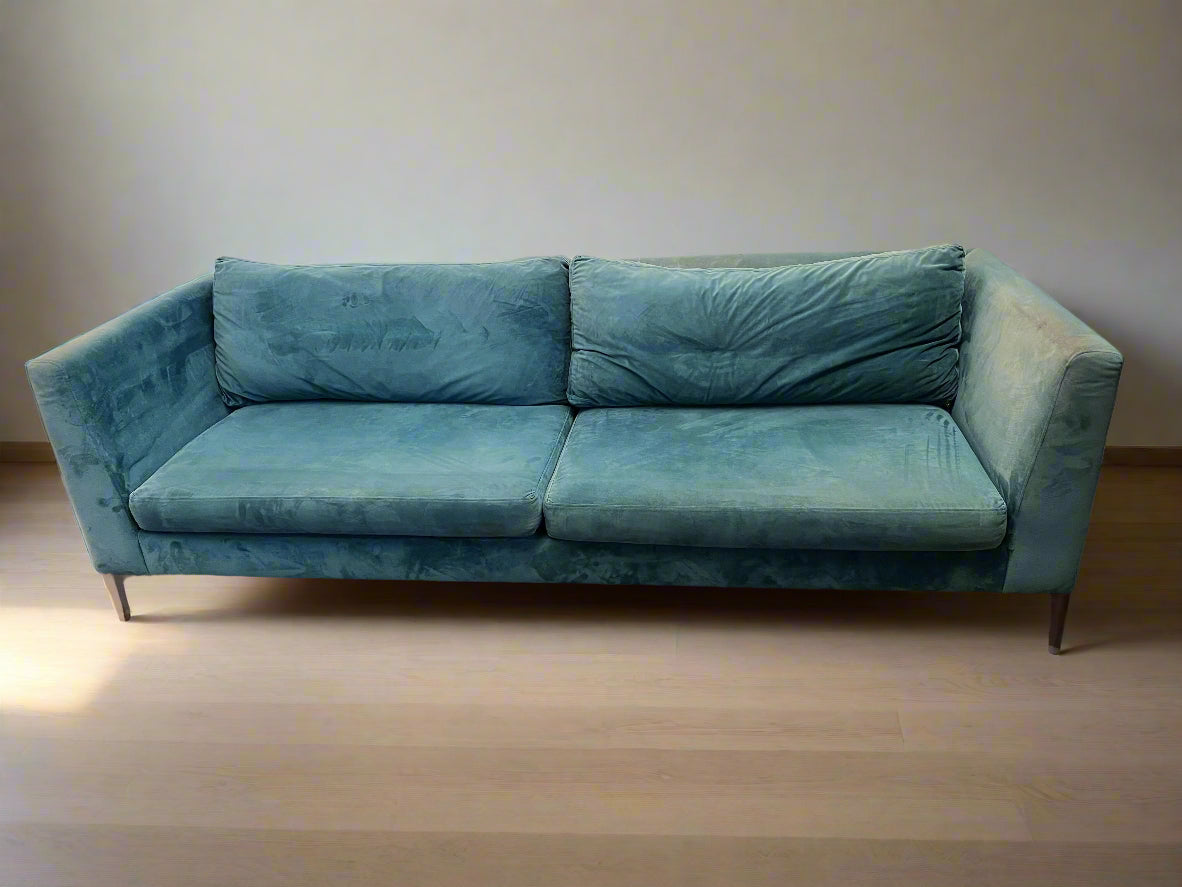 Modern Teal Velvet Couch with Minor Wear - Stylish Comfort