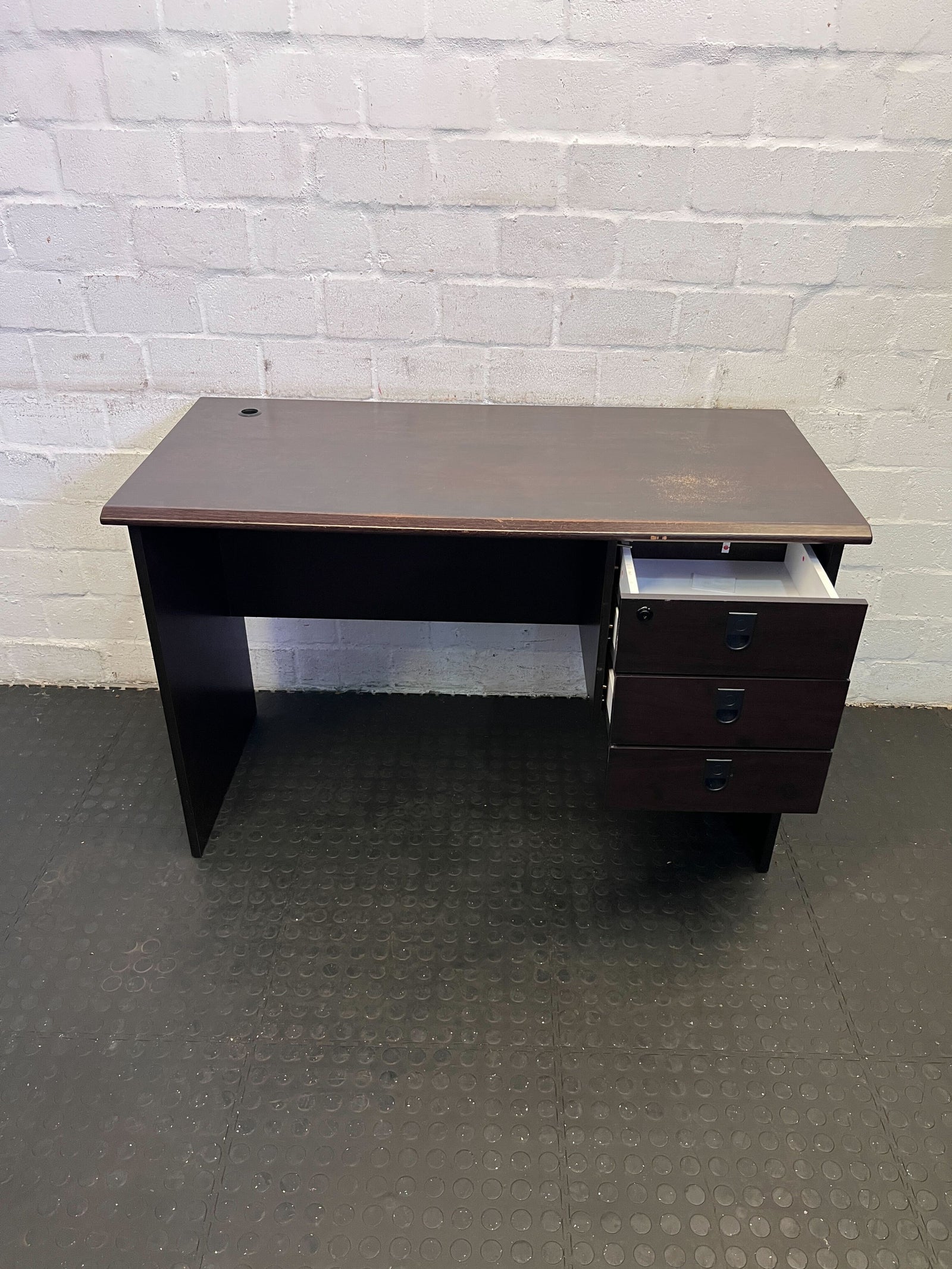 Stylish Dark Brown Wooden Desk with Three Drawers – Minor Wear