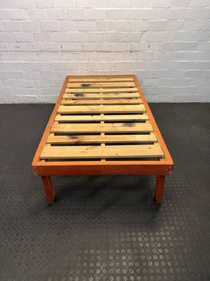 Solid Wood Single Bed Frame - Rustic Orange Finish, Minor Wear