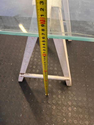 Stylish Glass-Top Table with White Wooden Base – Minor Wear - 2ndhandwarehouse.com