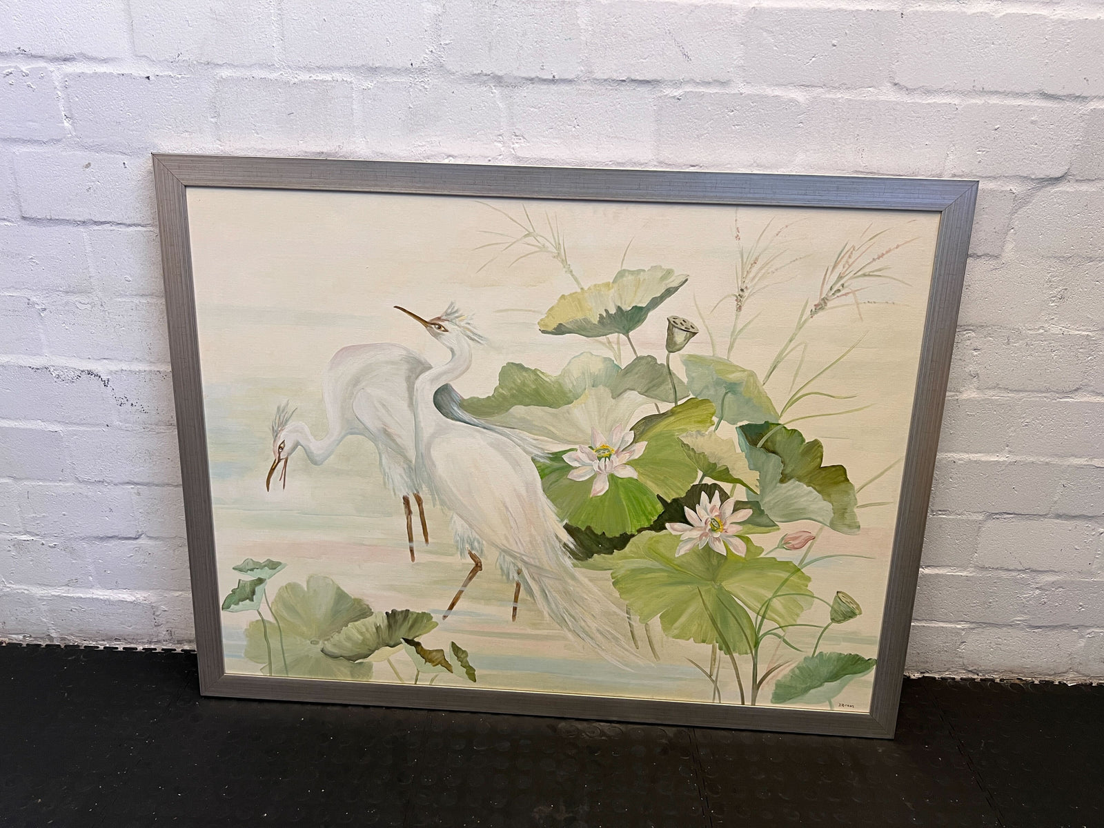 Elegant Framed Watercolor Painting of Cranes and Lilies