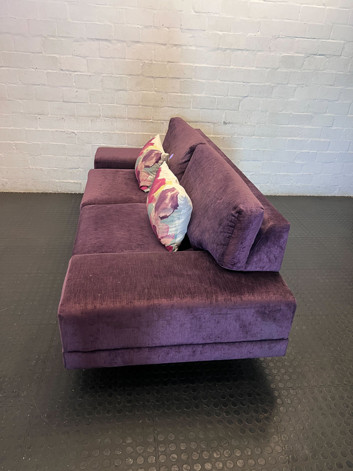 3 seater couch  - Vibrant Purple  Sofa with Floral Cushions ✨ - 2ndhandwarehouse.com