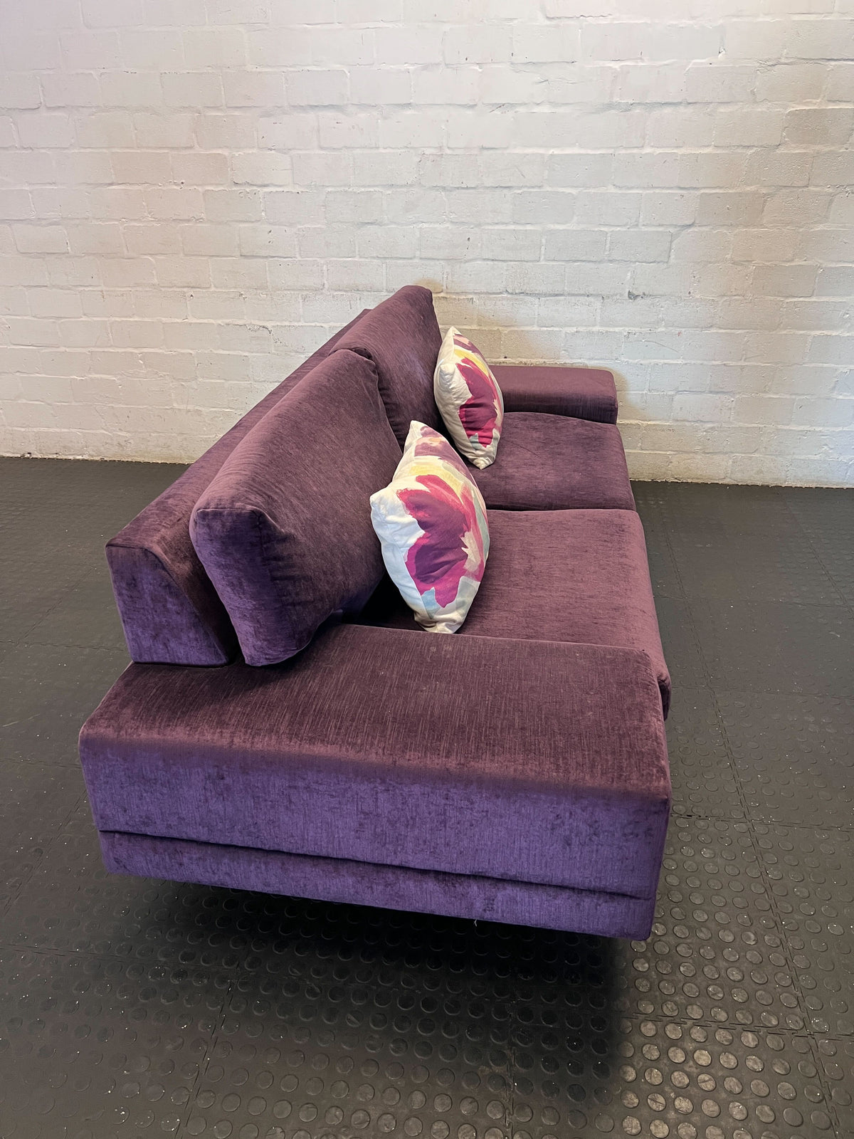 3 seater couch  - Vibrant Purple  Sofa with Floral Cushions ✨ - 2ndhandwarehouse.com