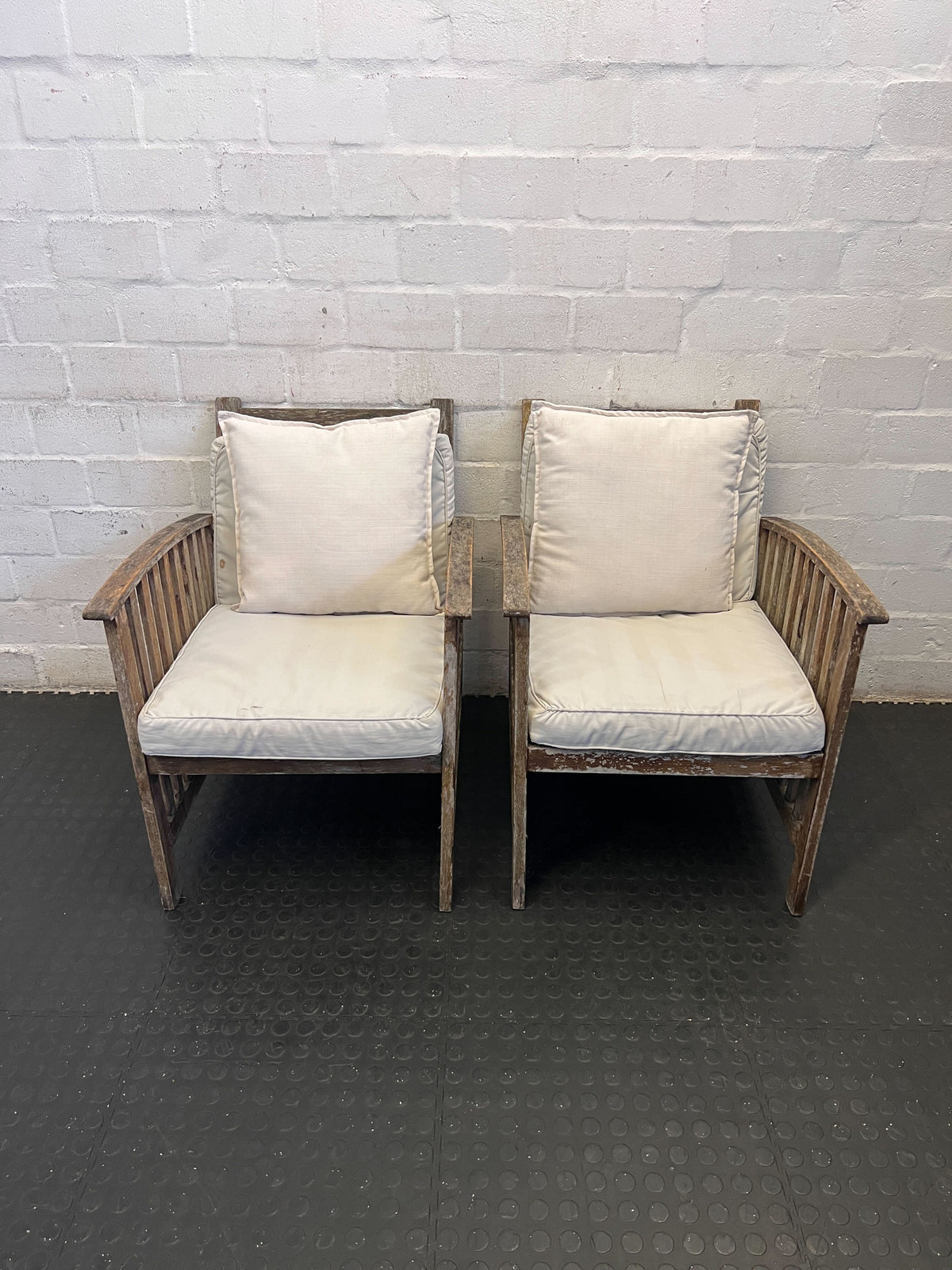 Rustic Charm Wooden Armchair with Cream Cushions