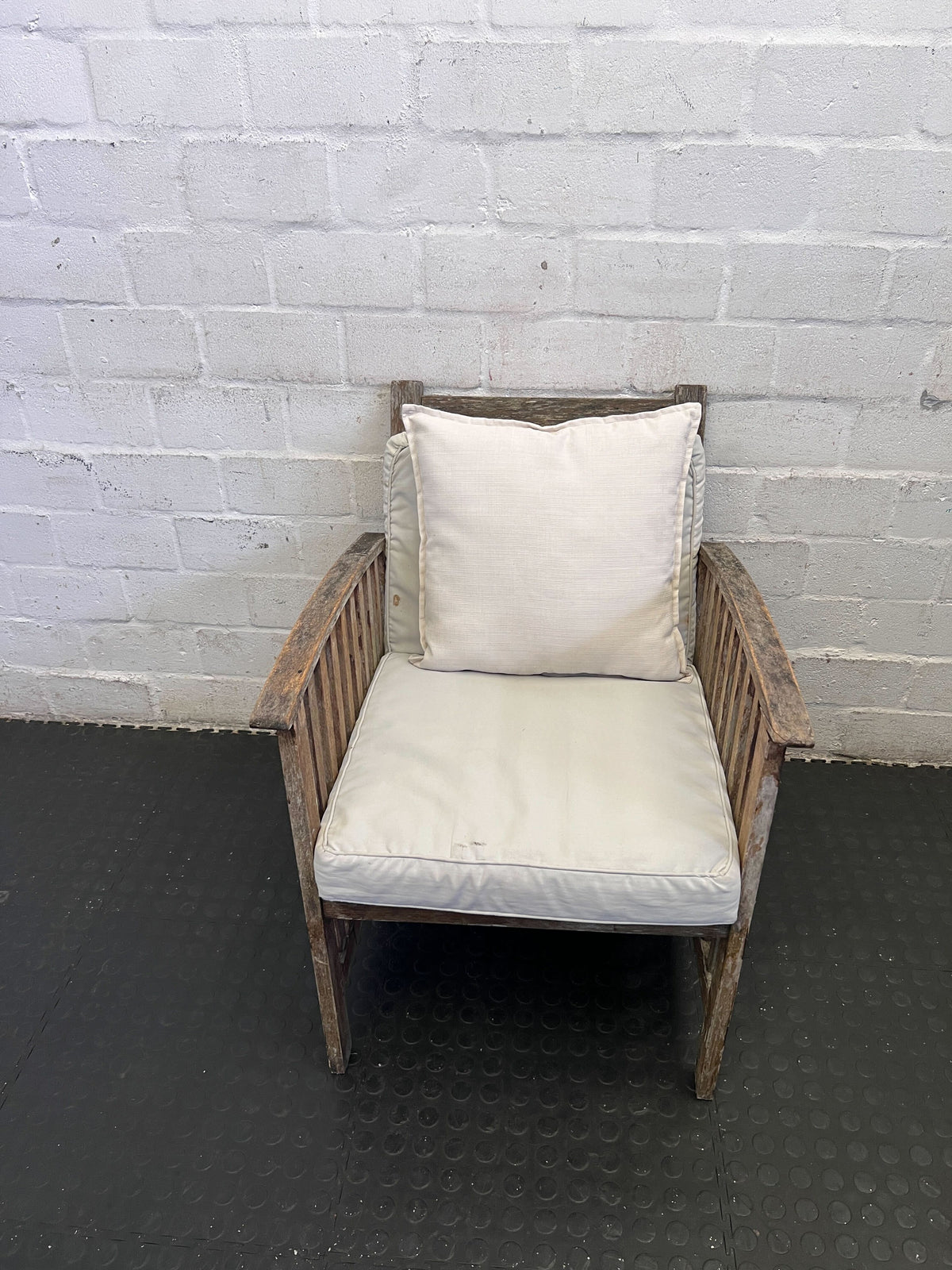 Rustic Charm Wooden Armchair with Cream Cushions