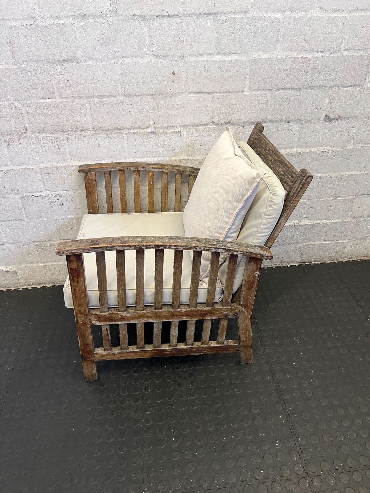 Rustic Charm Wooden Armchair with Cream Cushions