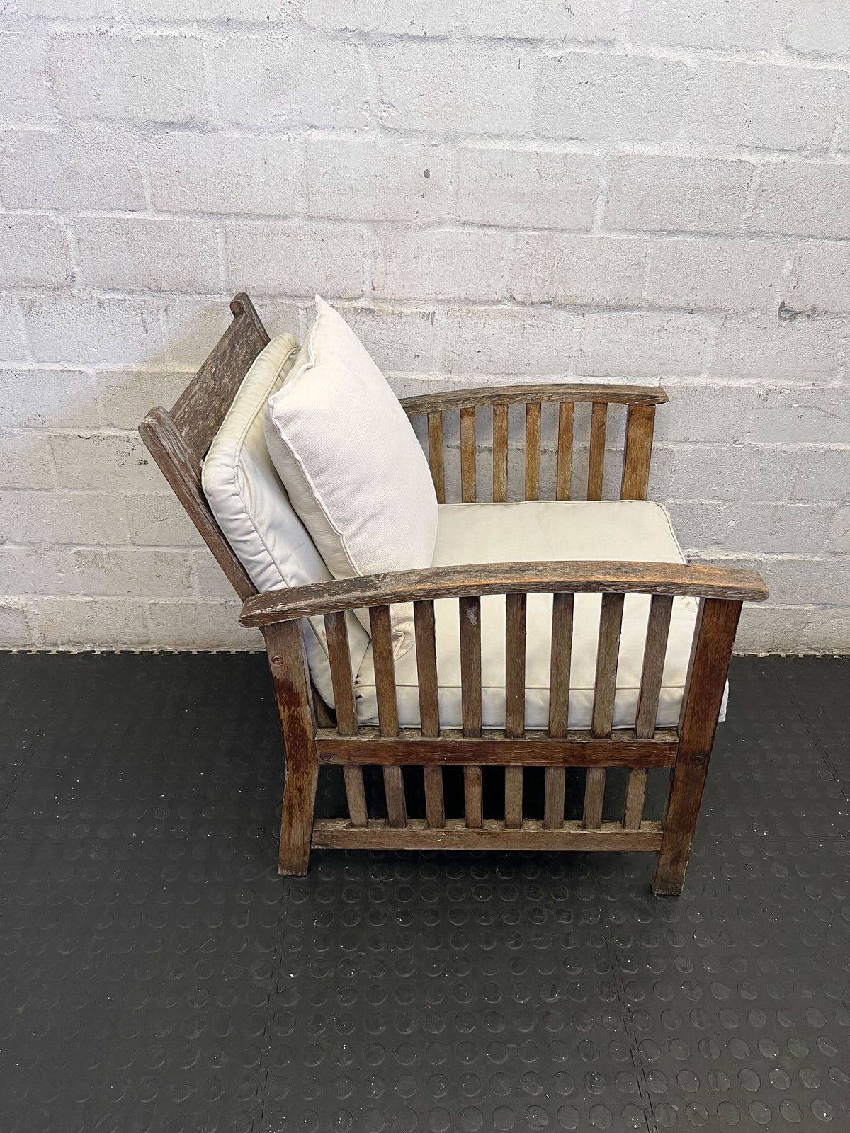 Rustic Charm Wooden Armchair with Cream Cushions